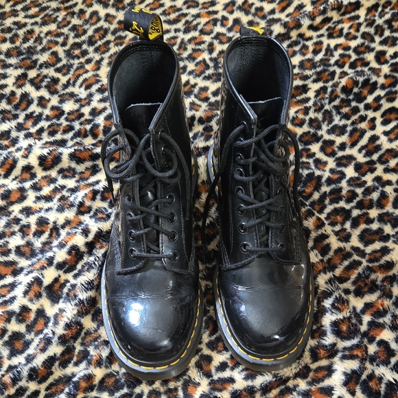 Dr. Martens Other - Dr. Martens Black Patent Leather Lace-Up Ankle Boots with Yellow Stitching